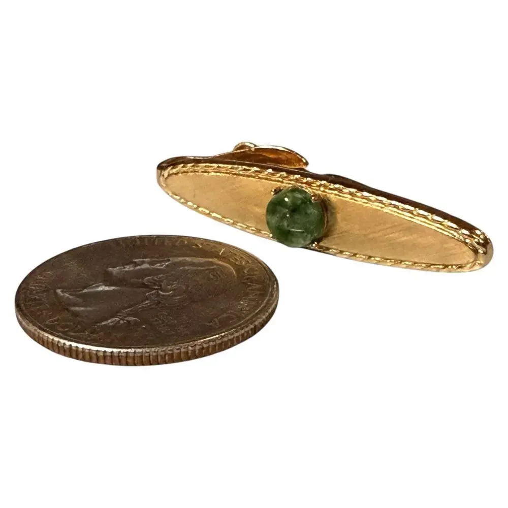 Vintage Swank Tie Clip Mens Gold Tone Crosshatched Coin Edge Green Glass Jewel